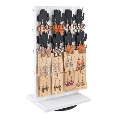 Ikee Design Wooden Rotating Two-Sided Jewelry Display Stand, Rotating Organizer with 32 Long Hooks for Store, Bracelet Keychain Earring Display, White Color, 9.1W x 7.5 D x 17.1 H in - color: Wash White, 1 Piece, Long Hook