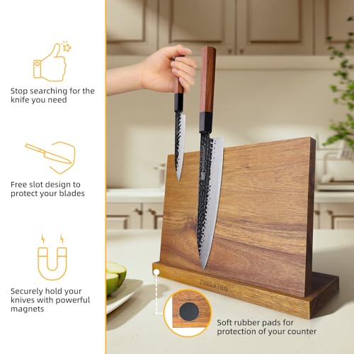 FINDKING Magnetic Knife Block, Teak Wood Utensils Holder, Strong Magnet Stand for Kitchen Counter (10.8 x 8 Inches, Without Knives) - color: Brown