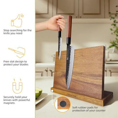 FINDKING Magnetic Knife Block, Teak Wood Utensils Holder, Strong Magnet Stand for Kitchen Counter (10.8 x 8 Inches, Without Knives) - color: Brown