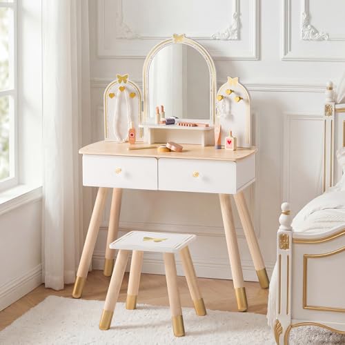 ROBUD Kids Vanity Table and Chair Set, Girls Vanity Set with Mirror, Pretend Play Kids Vanity, Makeup Dressing Table with Drawer and Accessories, Age 3+ (Platinum) - color: Platinum
