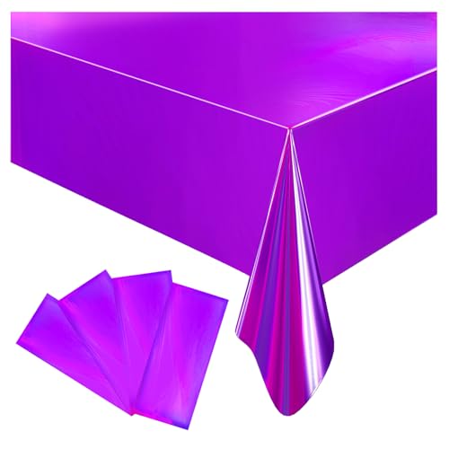 4 Pack Iridescent Plastic Tablecloths Disposable Table Cover Sparkly Foil Table Cloth for Rectangle Tables Party Decorations Birthday Princess Bridal Wedding Christmas Purple, 54 x 108 Inch - color: Shiny Purple