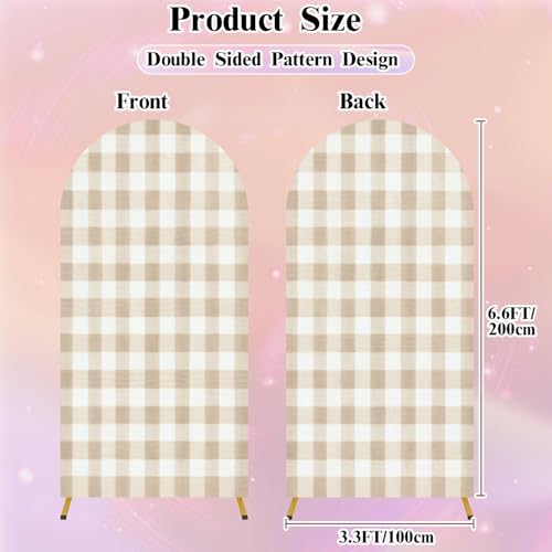 6.6FT Wedding Arch Backdrop Cover Beige Gingham Seamless Pastel Check Plaid Beige White for Spandex Fitted Fabric Round Top Stretchy Stand Covers for Baby Shower Birthday Party Decoration - color: Color1, size: 6.6x3.3 FT