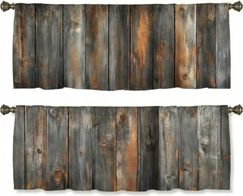 Rustic Wood Plank Pattern Curtain, Two-Pack, Weathered Barn Texture Background, Suitable for Kitchen, Bathroom, Bedroom, 54x18 inches. - color: Rustic Wood Plank