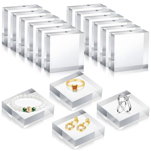 16 PCS Acrylic Display Block, 2 x 2 x 0.8 Inches Square, Clear Polished Cube Jewelry Display Stand