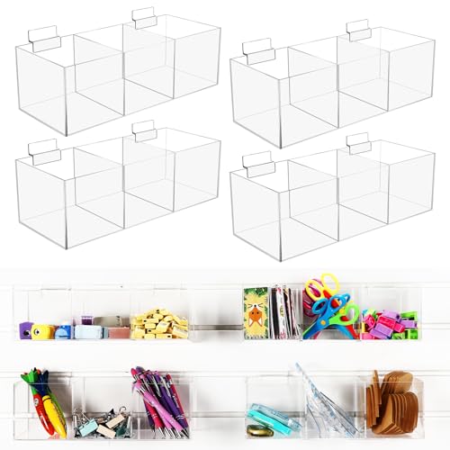 Suzile 4 Pack Clear Slatwall Acrylic Retail Tray 3 Compartment Dump Bin Acrylic Storage Caddy Product Storage Display Tray Slatwall Shelves Organizer for School Business Shop (12.25" W X 5" D X 4" H)