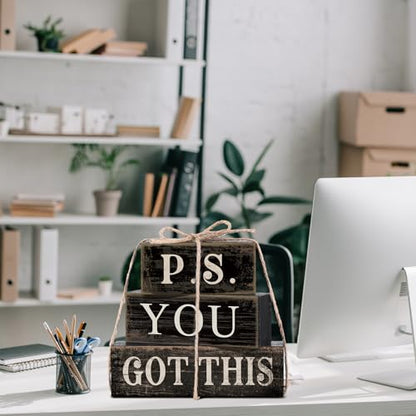 Yuntau 4 Pcs Farmhouse Motivational Office Desk Black Decor P. S. You Got This Wooden Tabletop Inspirational Tiered Tray Decorations Rustic Sign Block Gift for Women Home Kitchen Shelf - style: Got This