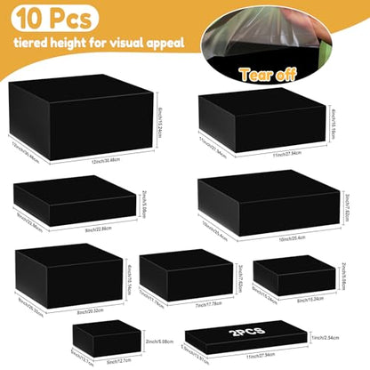 10 Pcs Large Acrylic Buffet Risers, Black Food Display Stands for Buffet, Dessert Table, Jewelry, and Catering, Stackable Food Risers with Hollow Bottoms, Nesting Cube Box (12"-11"-10"-9"-8"-7"-6"-5")