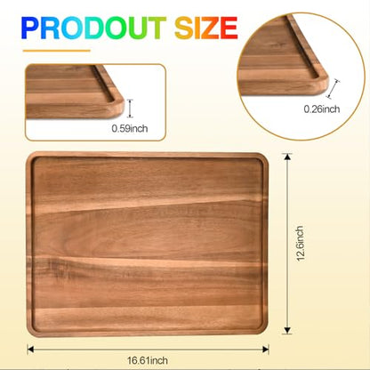 2 Pcs Acacia Wood Serving Tray, Rectangular Wooden Serving Platters Charcuterie Board, Large Wood Kitchen Display Tray for Food, Cookie, Dessert, Fruit, Snack, Vegetable, 16.6" x 12.6" x 0.6" - size: 16.6*12.6 inch