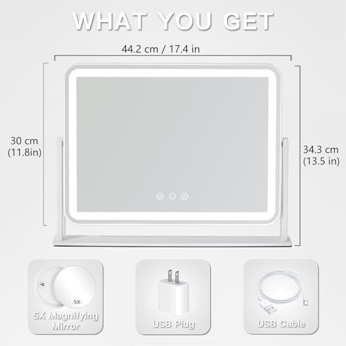 HIEEY Vanity Mirror with Lights, 13.5" x 17.4" Makeup Mirror with Lights, Three Color Lighting Modes, and 5X Magnification Mirror, Smart Touch Control, 360°Rotation (White,Gift Box) - style: 13.5" x 17.4" (96 LED)