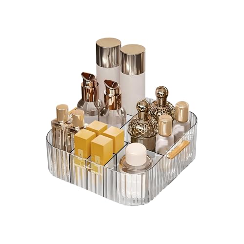 DASITON Acrylic Makeup Organizer,9 Slots Makeup Brush Holder,Makeup Storage with Handle,Vintage Striped Cosmetic Organizer for Desk Storage Container,Vanity,Bathroom(Clear) - color: Clear