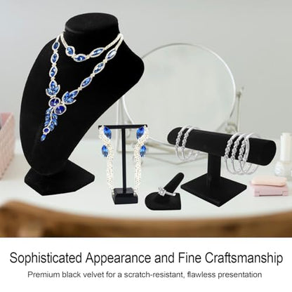 6 Pcs Velvet Jewelry Display Set- Velvet Necklace Bust Holder Mannequin Bust & T-Bar 2 T Shape Earring Stand 2 Ring Finger Jewelry Holder Bracelet Organizer for Jewelry Showcase