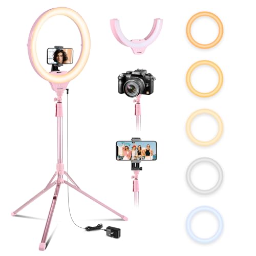 Aureday 14'' Pink Selfie Ring Light with 62'' Tripod Stand and Phone Holder, Dimmable LED Phone Ringlight for Makeup/Video Recording/Photography, Circle Lighting for Cell Phones&Lightweight Cameras - color: PINK, size: 14in for phone