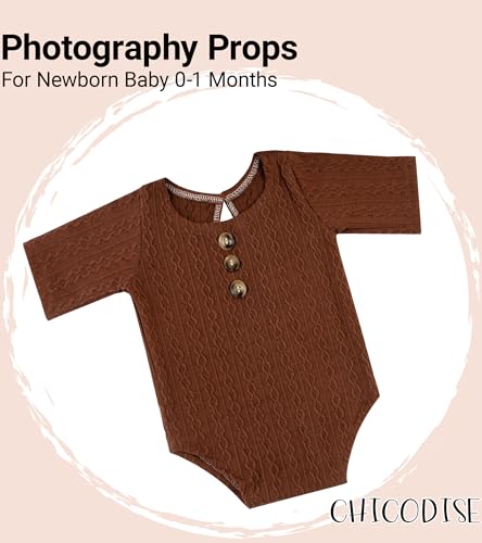 Newborn Photography Props, Infant Photoshoot Outfit Romper & Pom Pom Hat for Baby Boys Girls - color: Coffee