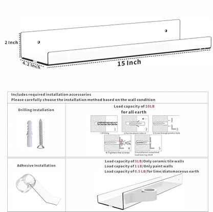 2 Pack Clear Acrylic Shelves for Wall with Adhesive,15 Inch No Drill Floating Shelves for Bathroom,Bedroom,Renter Friendly,Kids Room Bookshelf,Wall Display Shelf for Lego,Funko Pop,Figurine,Perfume - size: 15 Inch - 2 Pack