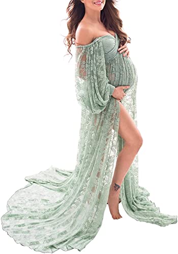 Saslax Soft Stretchy Lace Off Shoulder Doubly Split A-line Skirt Maternity Dress Pregnancy Maxi Gown for Photoshoot - color: Sage, size: X-Large