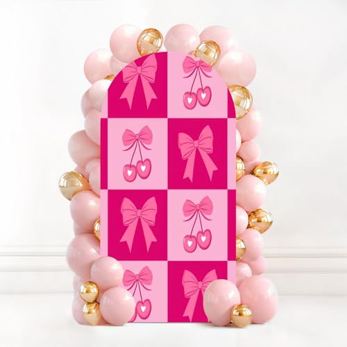 6.6FT Wedding Arch Backdrop Cover Seamless Checkered Pink Cherries Bows Graphics Spandex Fitted Fabric Round Top Stretchy Stand Covers for Baby Shower Birthday Party Decoration - color: Color8, size: 6.6x3.3 FT