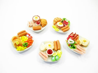 Dollhouse Miniature Food 5 Ceramic Plates Breakfast Sausage Ham Egg Supply 13744
