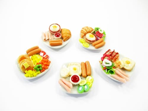 Dollhouse Miniature Food 5 Ceramic Plates Breakfast Sausage Ham Egg Supply 13744