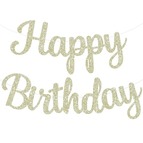 BEISHIDA Happy Birthday Banner - NO DIY,Light Gold 10Feet Pre-Strung-Glitter Birthday Sign Garland Backdrop Decorations for Women men Party - color: light gold
