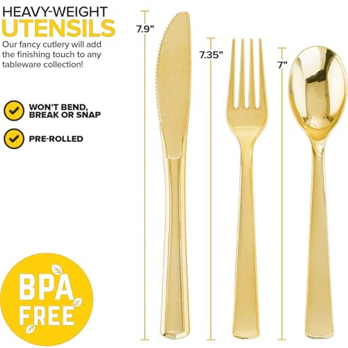 50Guests Pre Rolled Gold Plastic Silverware Sets - Heavy Duty Gold Cutlery - Include 50 Pack Wrapped Disposable Utensils with Napkins for Parties, Dinners & Weddings - color: 50Pack - Gold