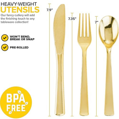 50Guests Pre Rolled Gold Plastic Silverware Sets - Heavy Duty Gold Cutlery - Include 50 Pack Wrapped Disposable Utensils with Napkins for Parties, Dinners & Weddings - color: 50Pack - Gold
