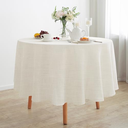 Linen World Round Linen Blend Tablecloth 90" Inch,Linen Loook Soft Cool & Breathable,Machine Washable Natural Table Cloth for Dining, Kitchen, Outdoor, Easter-Creamy White - color: Creamy White, size: 90" (Round)
