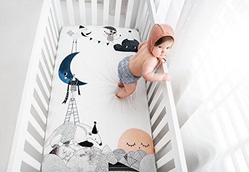 Rookie Humans 100% Cotton Sateen Fitted Crib Sheet: The Moon’s Birthday. Modern Nursery, Use as a Photo Background for Your Baby Pictures. Standard Crib Size (52 x 28 inches) (Standard Cotton Sateen)