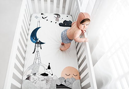 Rookie Humans 100% Cotton Sateen Fitted Crib Sheet: The Moon’s Birthday. Modern Nursery, Use as a Photo Background for Your Baby Pictures. Standard Crib Size (52 x 28 inches) (Standard Cotton Sateen)