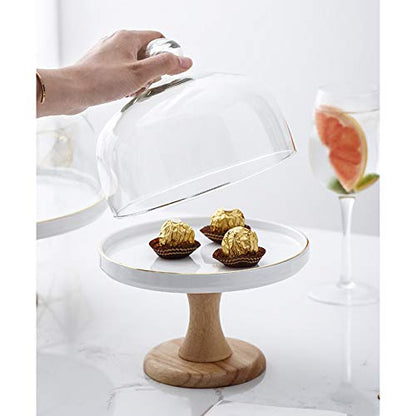 Food Covers,Splatter Covers,Wedding Cake Display Stands, Round Glass Dome Cover Cheese Dome Ceramic Trays with Wooden Base Bread Decoration Stands and Photo Props - size: 19.5cm