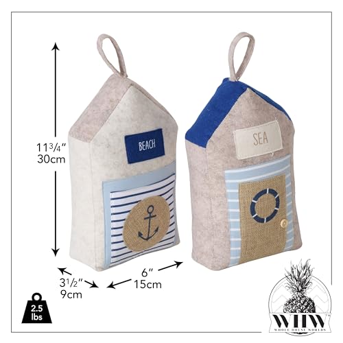 Coastal Cabana Soft Door Stops, Jute, Cotton, Loop Tops, Weighted, 11.75 Inches, House Shaped with Anchor and Lifesaver Fabric Embellishments - color: Coastal Cabana Soft Door Stops, Blue and Beige