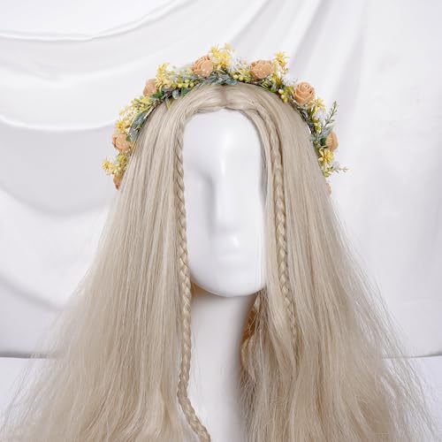 Yellow Flower Crown Headband - Rose Flower Headband Renaissance Fairy Floral Headpiece for Women Girls Weeding Birthday Party Cosplay Photo Prop - color: Yellow