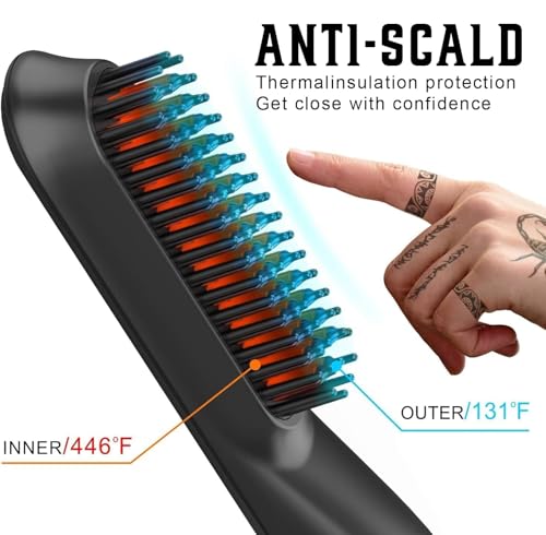 Heated Ionic Hair Straightening Brush for Men - 5 Temperature Settings, Anti-Scald, Beard Shaper & Travel Bag - color: Black