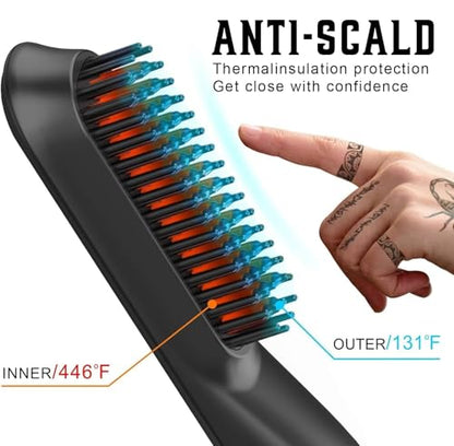 Heated Ionic Hair Straightening Brush for Men - 5 Temperature Settings, Anti-Scald, Beard Shaper & Travel Bag - color: Black