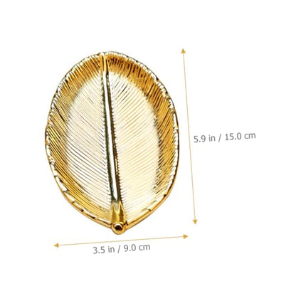Ceramic Jewelry Organizer Tray Gold Leaf Design Nail Art Display Plate Jewelry Storage Holder Decorative Desktop Photo Prop for Vanity and Dressing Table