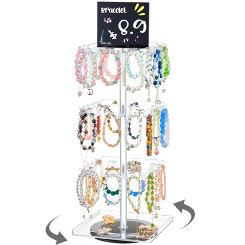 4-tier Bracelet Holder 360° Rotating Acrylic Bracelet Display Stand with 60 Hooks, Jewelry Holder Organizer with Tray, Jewelry Display Stand with Advertising Board for Bangles Keychain Earrings Vendor