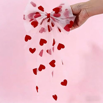 White Bow Lace Veil with Red Heart Cherry Headband Double Layer Hair Clip with Long Ribbon Short Hair Decorations Valentine's Wedding Hair Accessory Party Supplies Gifts Photo Props for Women