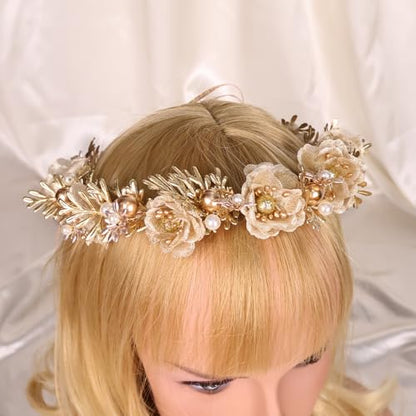 Adjustable Flower Crown Headband for Women - Floral Garland Hair Wreath with Crystal Accents Perfect for Weddings Flower Wands Photo Props (Gold Flower Pearl, Adjustable) - color: Gold Flower Pearl