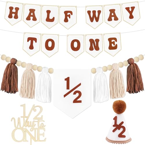 1/2 Birthday Brown Half Birthday Decorations - White Brown It's My 1/2 Birth Banner Glitter Cake Topper Tassel Wood Bead High Chair Banner & Cone, Hat Halfway to One Party Supplies - color: Brown