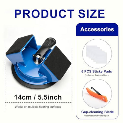 Floor Gap Fixer Tool – Heavy-Duty Iron Body with Enhanced Suction Cup, 45° Striking Surface for Floating Laminate & Vinyl Plank Flooring Repair, Includes 6 Adhesive Pads & Cleaning Blade