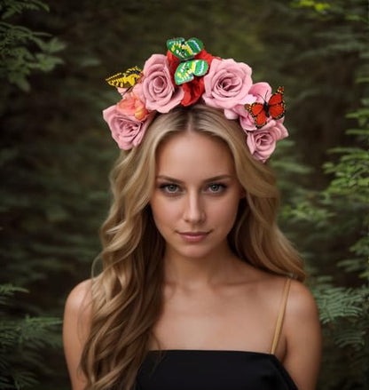 Elegant Butterfly Flower Headband for Women Boho Handmade Rose Floral Crown Wedding Bridal Festivals Cosplay Prom Photo Props Headpiece (A3 purple, Adjustable) - color: A3 purple