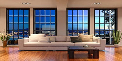 AOFOTO 15x8ft Business Office Window View Backdrop French Sash Modern Living Room Interior Sofa Casement Photography Background Work at Home Nightscape Wooden Floor Furniture Video Studio Props Vinyl - size: 15x8ft