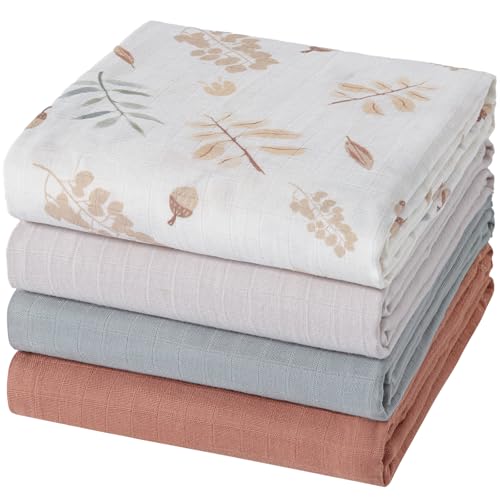 POMISO Muslin Swaddle Blankets for Boys & Girls, Newborn Receiving Blankets, 4 Pack Soft Breathable Baby Swaddles, Large 47x47 Inches, Acorn & Earthy Colors - color: Plants and Solid Colors