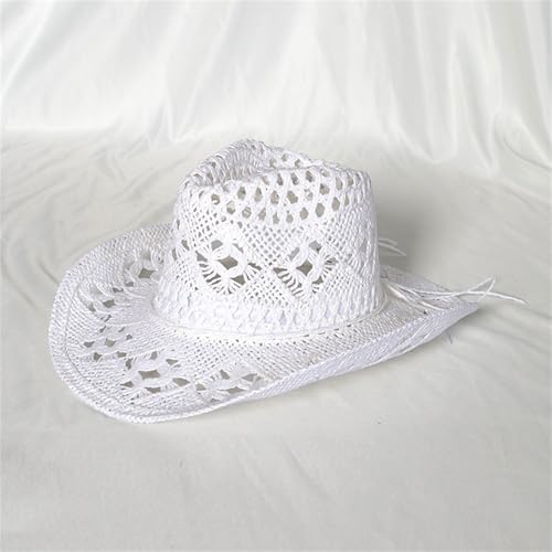 Straw Cowboy Hats Ventilated Hollow Round Foldable Sun Hats for Women Summer Western Cowgirl Beach Hat Photo Prop - color: White