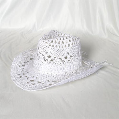 Straw Cowboy Hats Ventilated Hollow Round Foldable Sun Hats for Women Summer Western Cowgirl Beach Hat Photo Prop - color: White