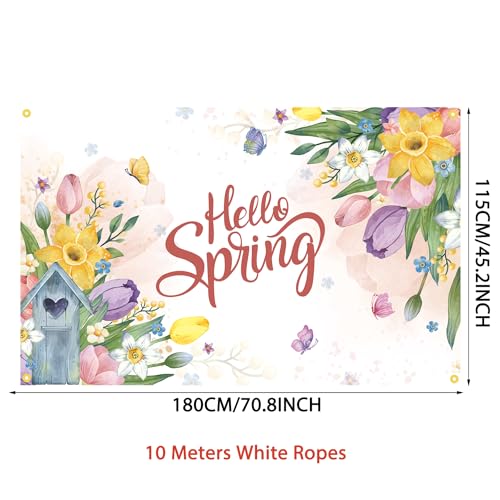 Backdrop Banner for Hello Spring Colorful Flower Butterfly Tulip Party Decorations for Spring Break Photography Background for Spring Easter Party Supplies Decors for Home Office