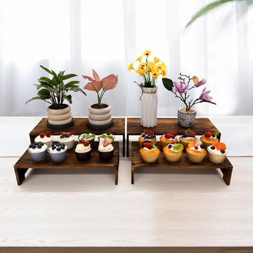 Yikaroeli 4Pcs Large Display Riser Wood Risers Cupcake Display Stand 2 Tier Racks Rectangular, 2 Set Perfume Decorative Display Dessert Stands for Vendors Event (Large/2Pack Brown)