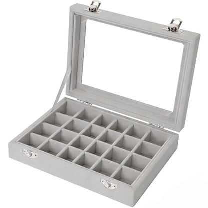 Velvet Jewelry Box 24 Grid Jewelry Earrings Display Organiser Box Ring Tray Holder Earrings Storage Case for Girls Women Wife Mom (Gray) - color: Gray