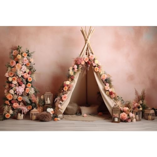 6x4ft Boho First Birthday Backdrop for Girl Pink Flowers Tent Decorations Photography Background Newborn Baby Shower Cake Smash Photoshoot Props - size: 6x4ft