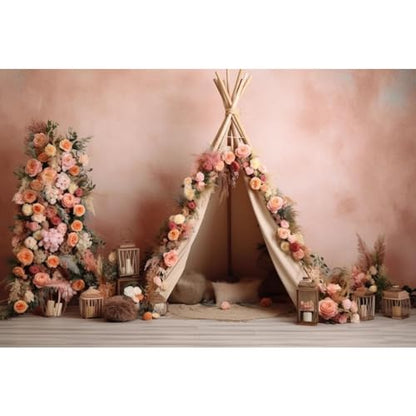 8x6ft Boho First Birthday Backdrop for Girl Pink Flowers Tent Decorations Photography Background Newborn Baby Shower Cake Smash Photoshoot Props - size: 8x6ft