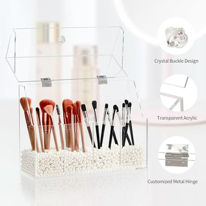 Vevitts Acrylic Makeup Organizer, Clear Cosmetic Brush Storage Box With 4 Brush Holders (Pearl not included),Makeup Brush Holder with Dust Cover, Large-capacity Split Design Organize the Desktop